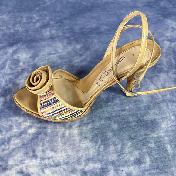 Kenneth Cole Beige Leather Woven Striped Cork Strappy Platform Heels sz 6 1/2 - Picture 3 of 8